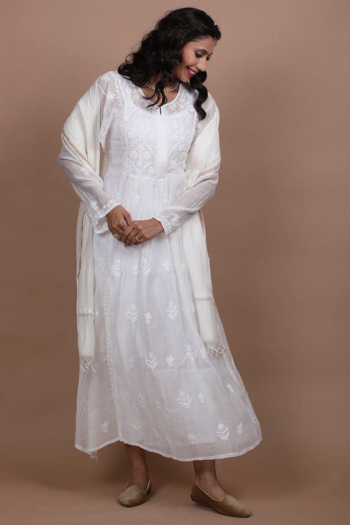 Ada Hand Embroidered White Chanderi Lucknowi Chikankari Semi-stitched Kurta Dupatta Set With Muqaish Work 01A260055
