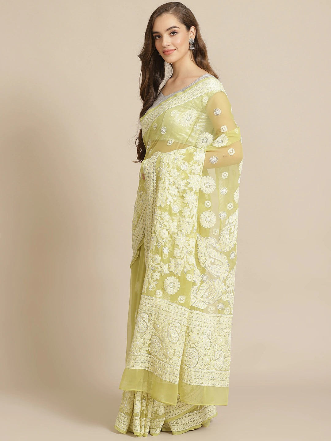 Ada Hand Embroidered Lime Green Georgette Lucknow Chikan Saree with Blouse A311278