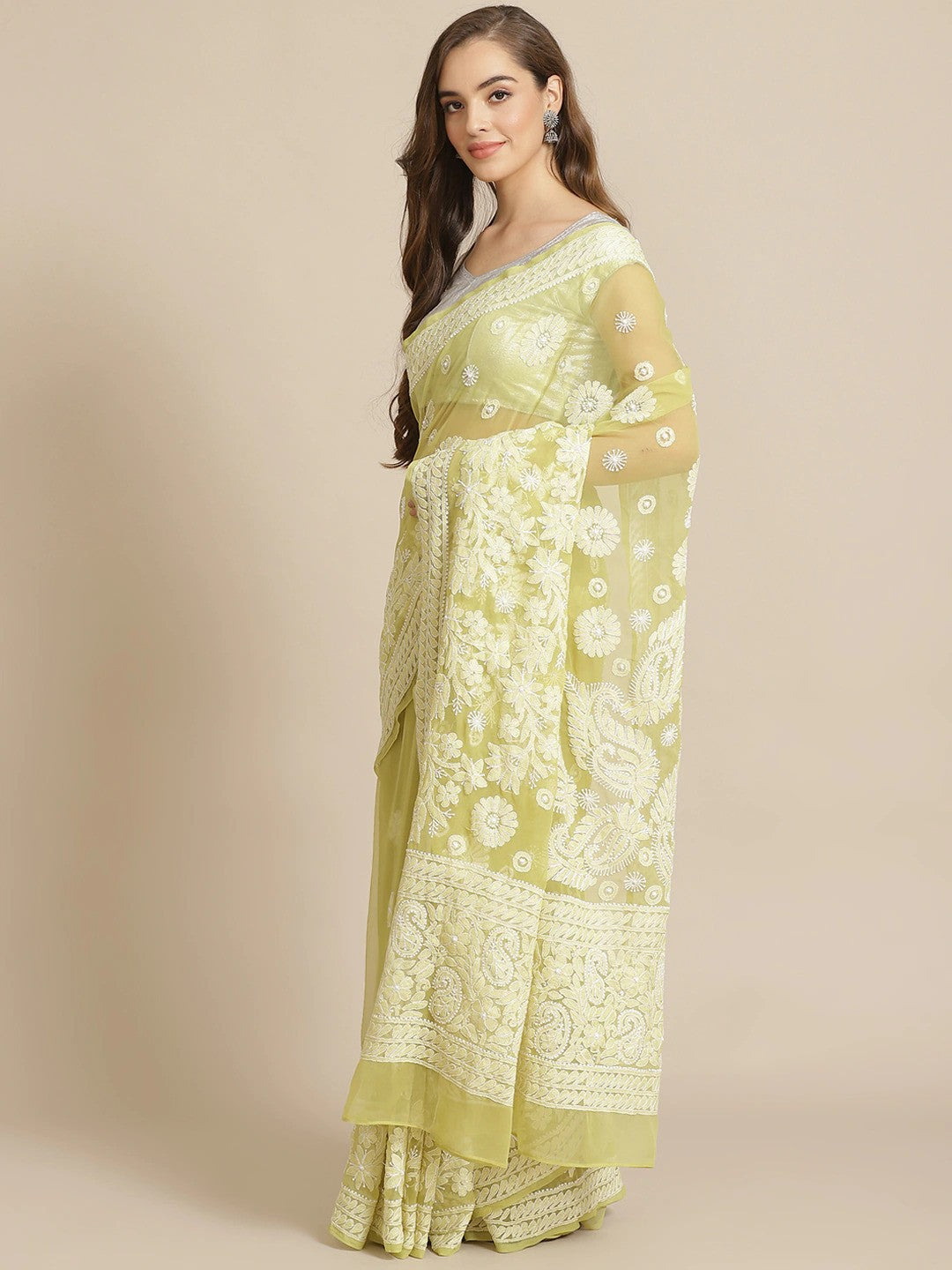 Ada Hand Embroidered Lime Green Georgette Lucknow Chikan Saree with Blouse A311278