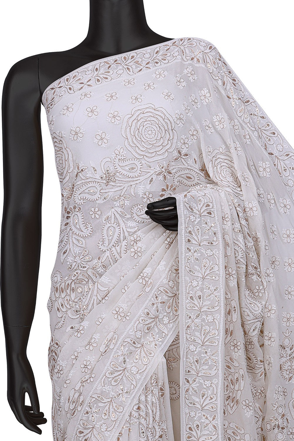 Ada Hand Embroidered White Pure Georgette Lucknowi Chikankari Saree /Blouse With Gota Patti Work A610159