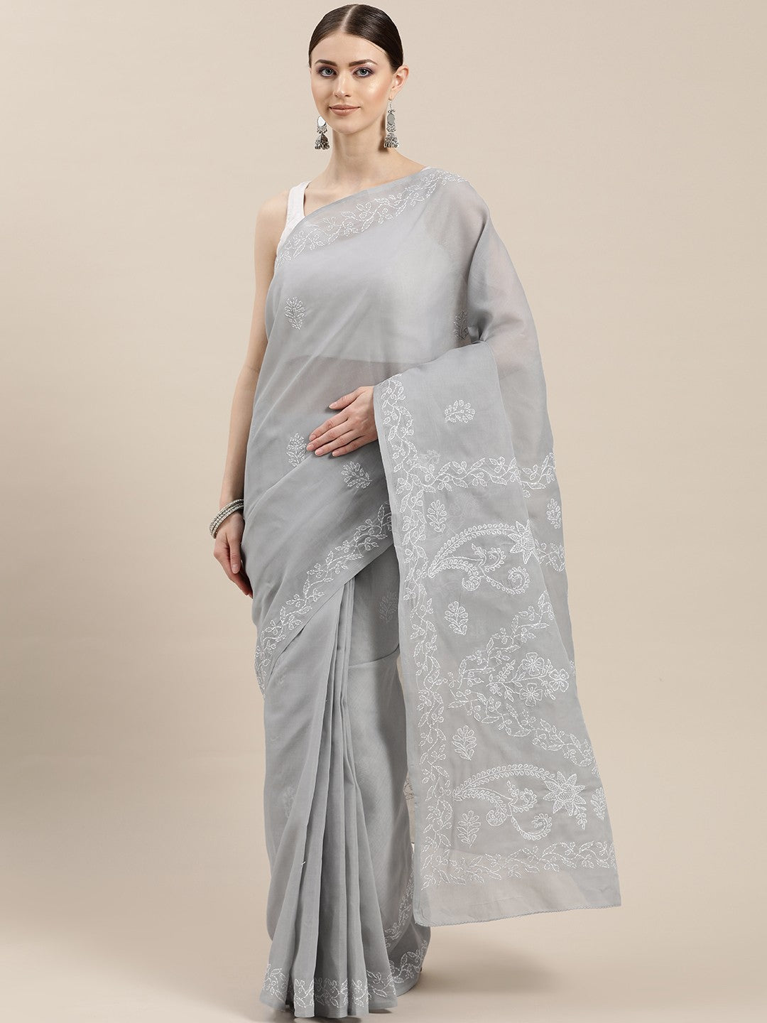 Ada Hand Embroidered Grey Cotton Lucknow Chikan Saree with Blouse A100313