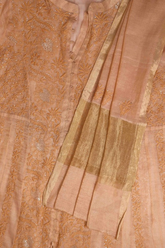 Ada Hand Embroidered Peach Tissue Lucknowi Chikankari Semi-stitched Kurta Dupatta Set With Muqaish Work-A588033