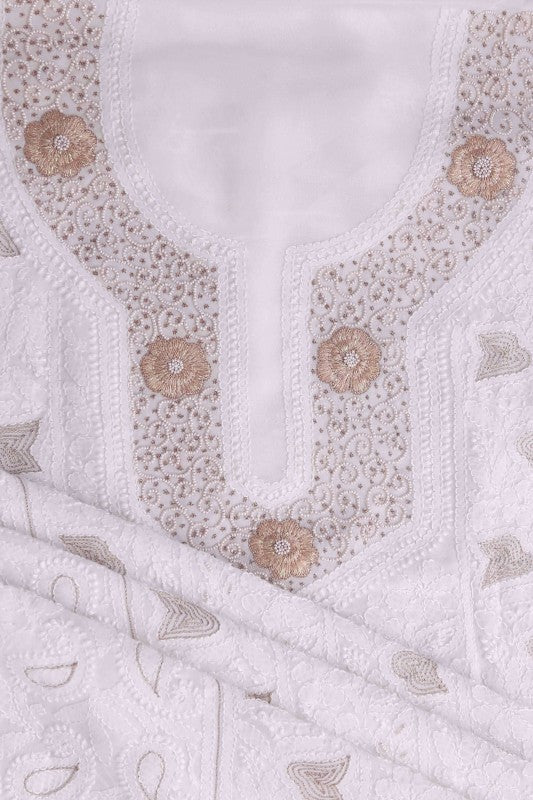 Ada Hand Embroidered White Georgette Chikan Unstitched Kurta with Pearl Work A511716