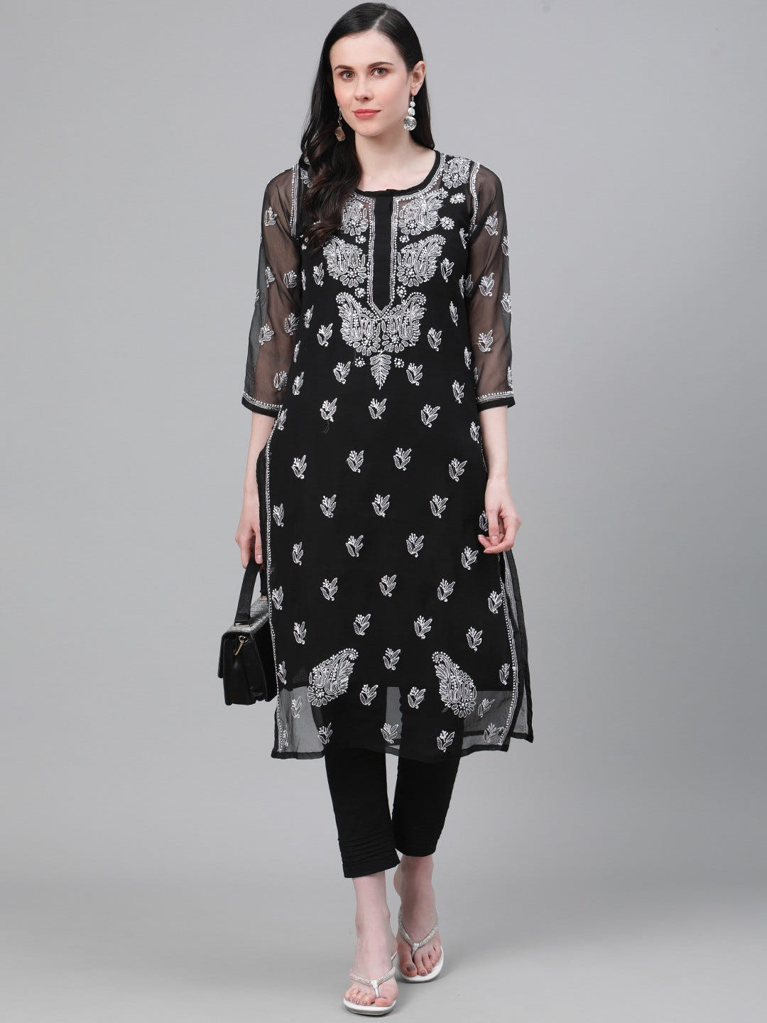 Ada Hand Embroidered Black Georgette Lucknowi Chikankari Kurta Set With Slip A811148