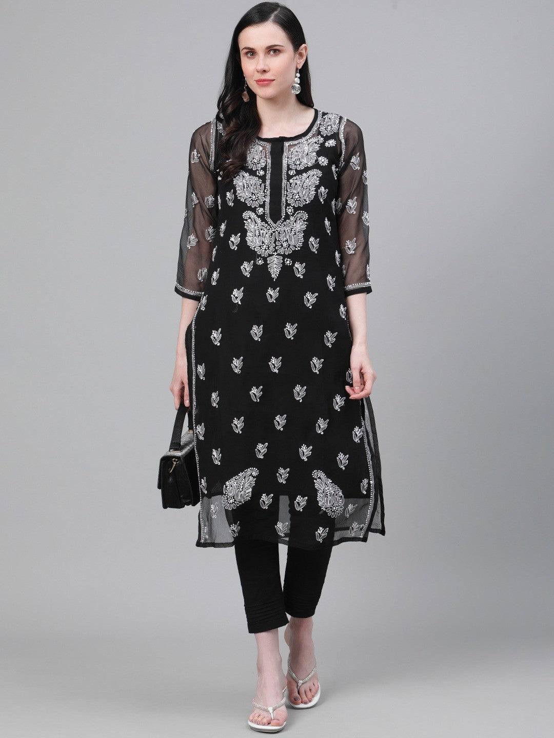 Ada Hand Embroidered Black Georgette Lucknowi Chikankari Kurta Set With Slip A811148