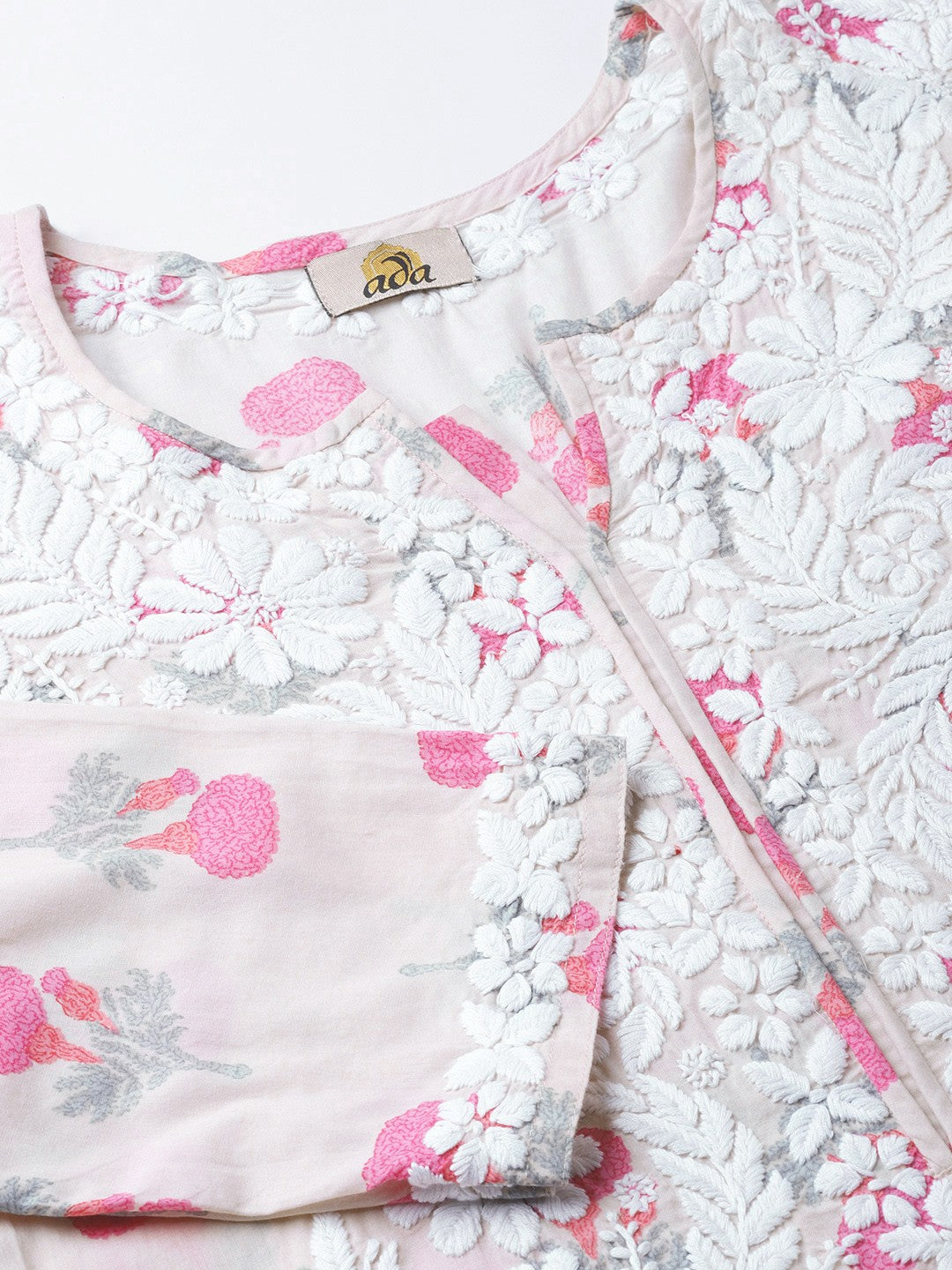 Ada Hand Embroidered Fawn Pink Cotton Lucknow Chikankari Straight Kurta- A100033