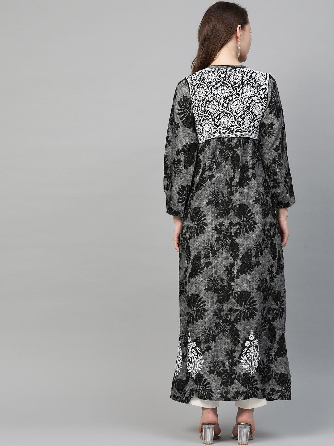 Ada Hand Embroidered Black Cotton Lucknowi Chikankari A Line Kurta A100459