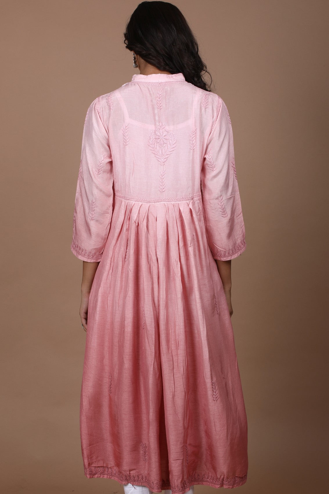 Ada Hand Embroidered Dusty Peach Chanderi Lucknowi Chikankari A-Line Kurta 01A278816