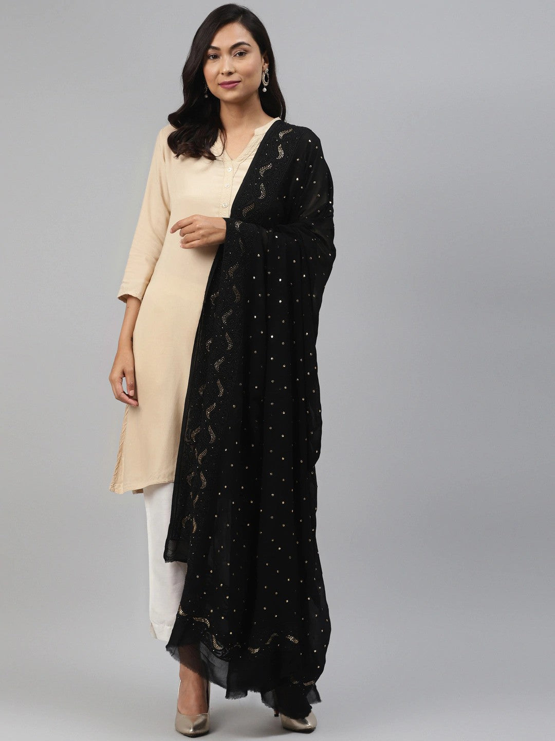 Ada Hand Embroidered Black Georgette Lucknowi Chikankari Dupatta With Muqaish Work A511168