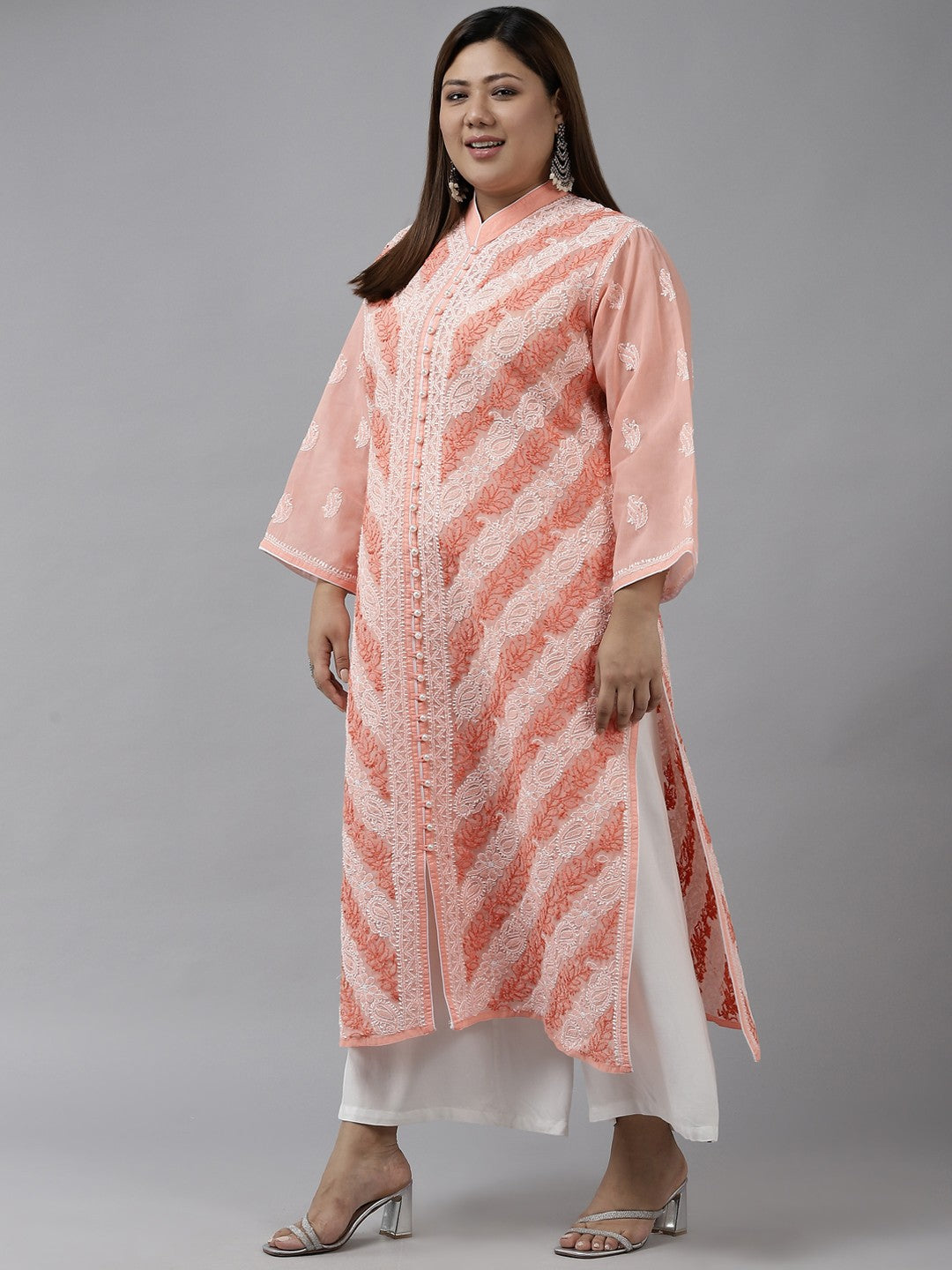 Ada Hand Embroidered Peach Cotton Lucknow Chikan Kurta A411321
