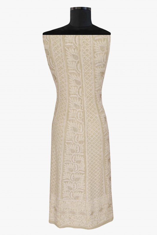 Ada Hand Embroidered Pale Yellow Pure Georgette Semi-stitched Anarkali Kurta Dupatta With Pearl Work - A468460