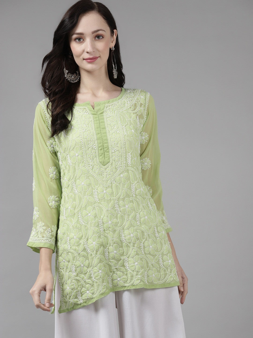 Ada Hand Embroidered Green Georgette Lucknow Chikan Kurti A911154