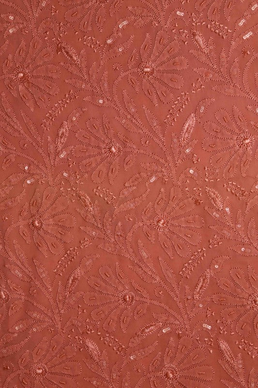 Ada Hand Embroidered Cinnamon Brown Georgette Lucknowi Chikan Unstitched Kurta Dupatta Set With Pearl & Sequinned Work-A611680