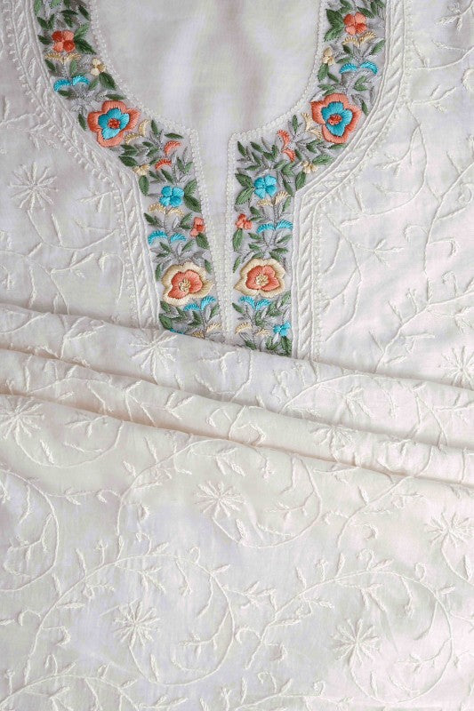 Ada Hand Embroidered Off White Chanderi Lucknowi Chikan Unstitched Kurta Dupatta–A610362