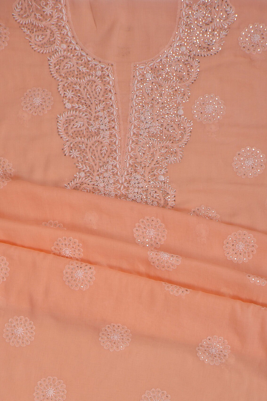 Ada Hand Embroidered Peach Cotton Lucknowi Chikankari Unstitched Suit Piece With Muqaish Work 01A165718