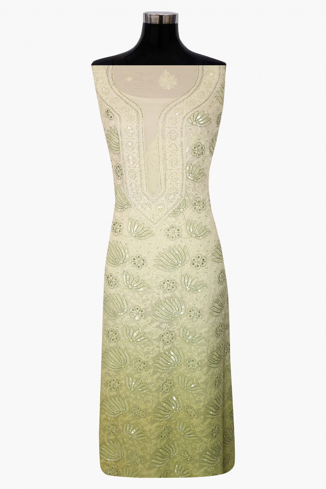 Ada Hand Embroidered Lime Green & Tea Green Ombre Shade Georgette Lucknowi Chikankari Unstitched Kurta Dupatta Set With Cutdana Work 01A255320