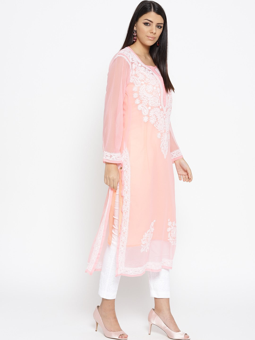 Ada Hand Embroidered Peach Faux Georgette Lucknowi Chikankari Kurta Set With Slip A100044