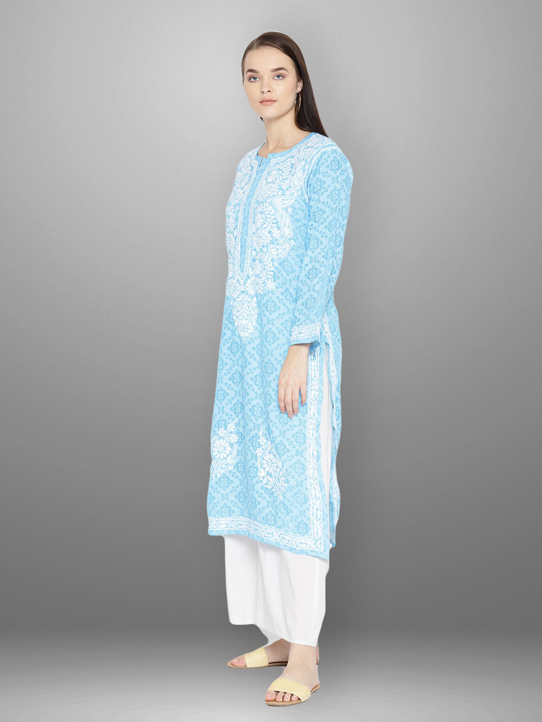 Ada Hand Embroidered Blue Cotton Lucknowi Chikankari Straight Kurta A100107