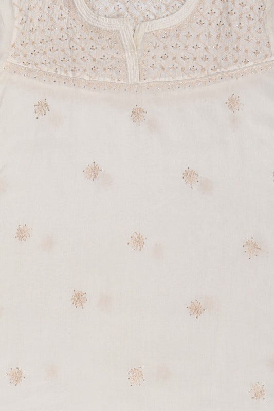 Ada Hand Embroidered Cream Chanderi Lucknowi Chikankari Semi-Stitched Anarkali Kurta Dupatta Set With Muqaish Work A623444