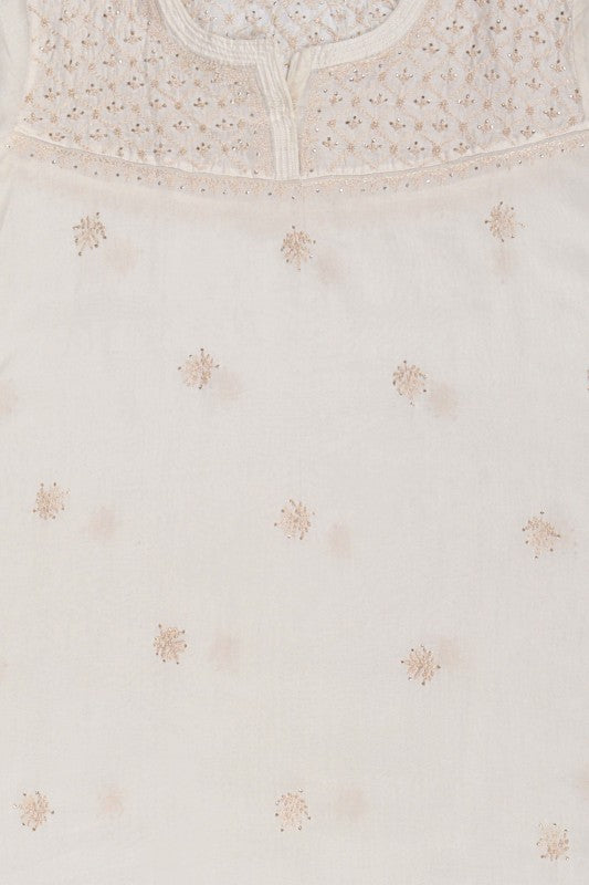 Ada Hand Embroidered Cream Chanderi Lucknowi Chikankari Semi-Stitched Anarkali Kurta Dupatta Set With Muqaish Work A623444
