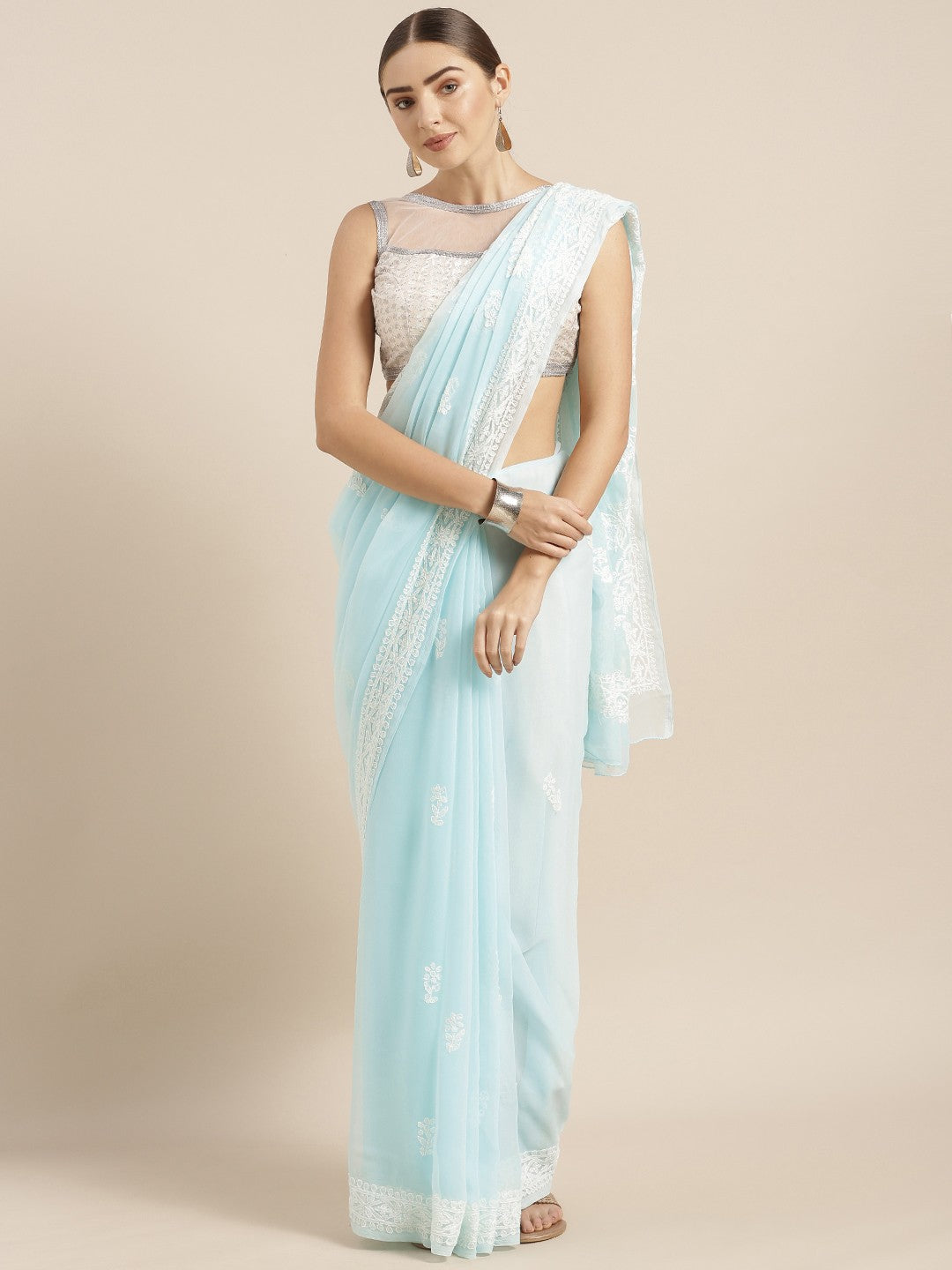 Ada Hand Embroidered Lucknow Chikan Blue Georgette Saree with Blouse A191628