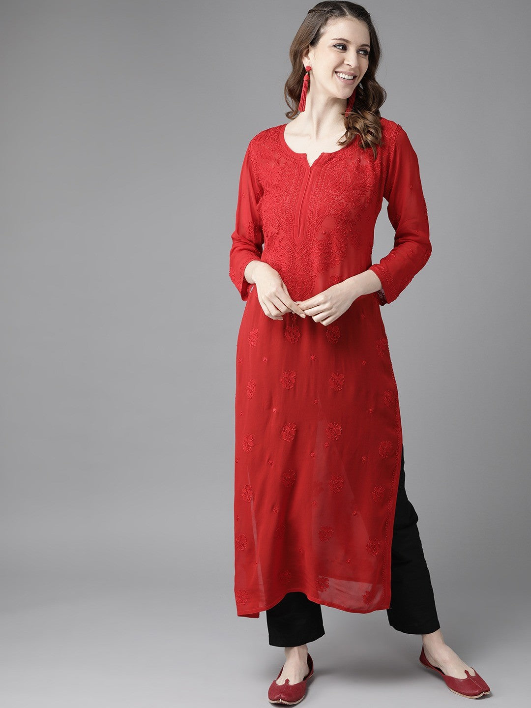 Ada Hand Embroidered Red Georgette Lucknowi Chikan Straight Kurta A411184