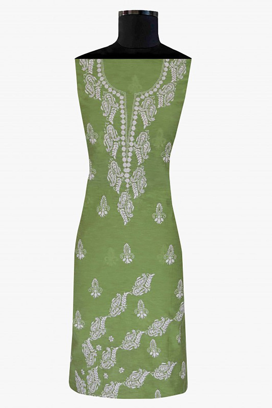 Ada Hand Embroidered Pear Green Khadi Lucknowi Chikankari Unstitched Suit Piece With Muqaish Work 01A10300