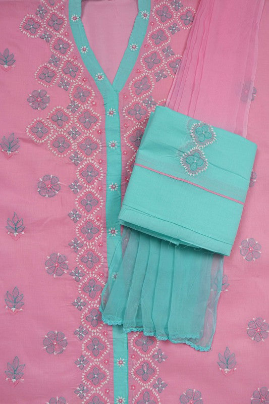 Ada Hand Embroidered Pink Cotton Lucknowi Chikan Unstitched Suit Piece A609773