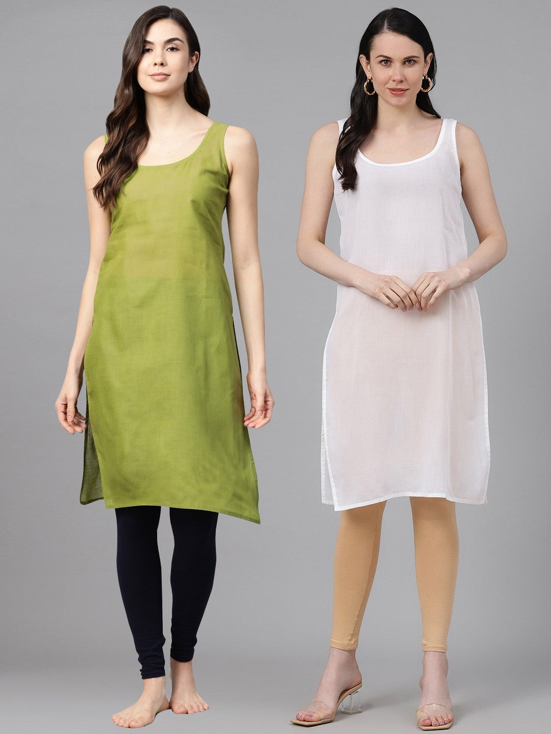 Ada White And Mehendi Green Cotton Long Slips Combo of 2  A111137.