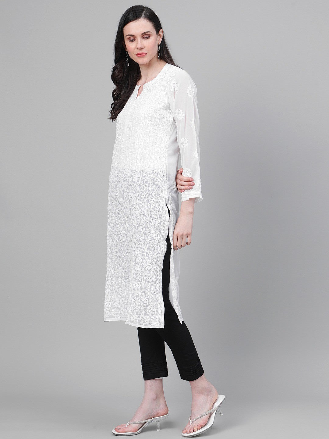 Ada Hand Embroidered White Georgette Lucknowi Chikankari Kurta Straight With Trouser Set A811146