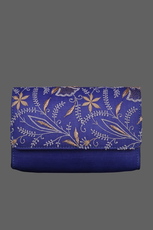 Ada Hand Embroidered Royal Blue Silk Lucknowi Chikankari Clutch With Zari Work 01A303633