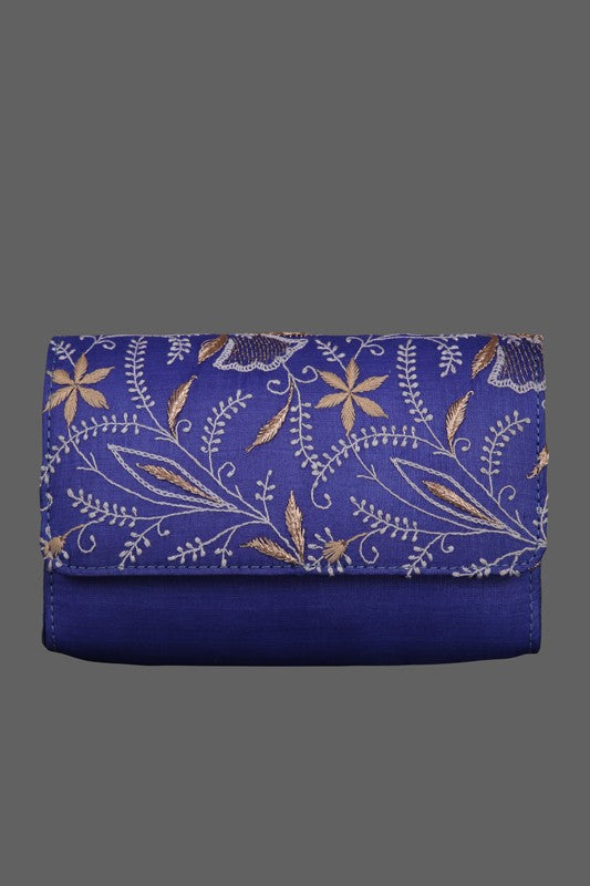 Ada Hand Embroidered Royal Blue Silk Lucknowi Chikankari Clutch With Zari Work 01A303633