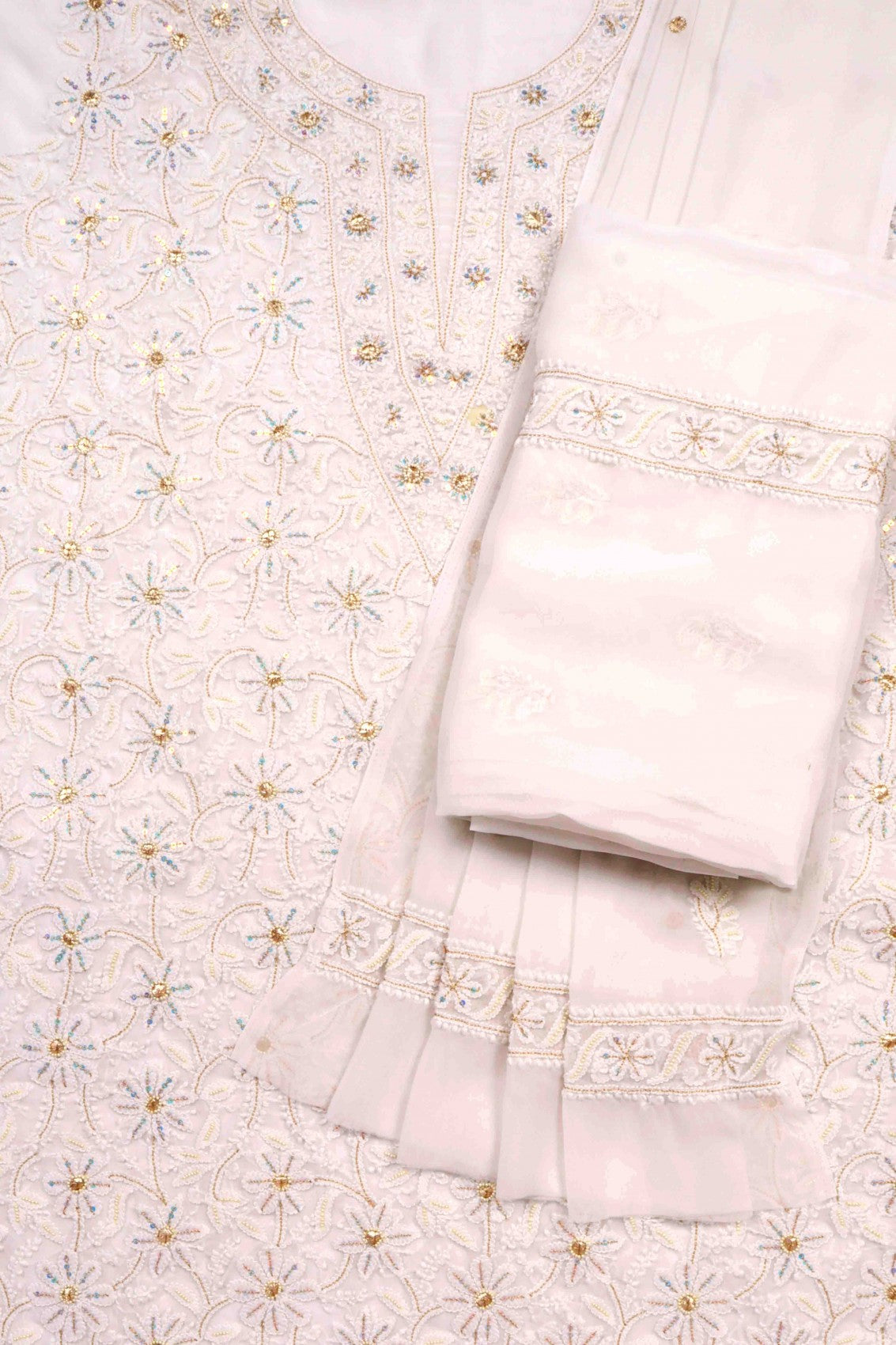 Ada Hand Embroidered White Georgette Lucknowi Chikankari Unstitched Suit Piece With Pearl Work A262204