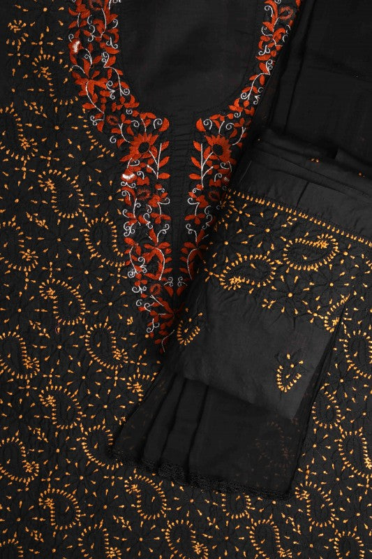 Ada Hand Embroidered Black Cotton Lucknowi Chikan Unstitched Suit Piece A211110