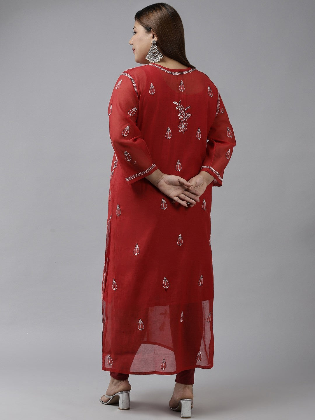 Ada Hand Embroidered Maroon Chanderi Lucknow ChikanKari Straight Kurta A411374