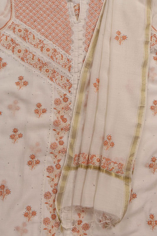 Ada Hand Embroidered White Chanderi Lucknowi Chikan Unstitched Kurta Dupatta Set With Muqaish Work A350999