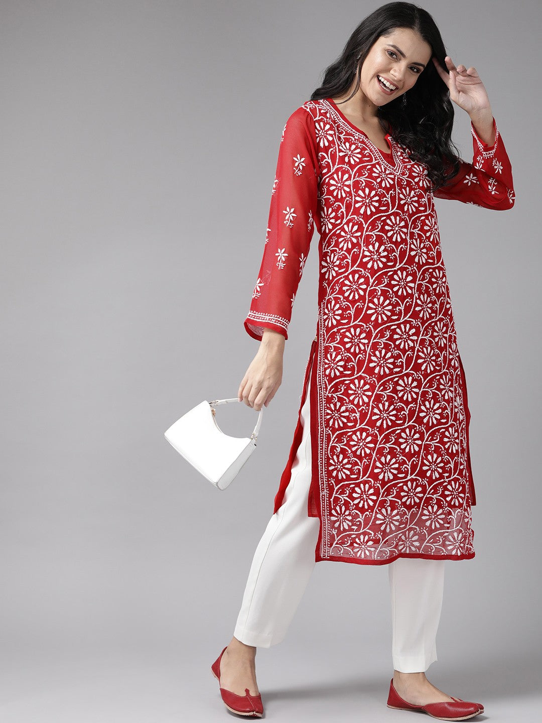 Ada Hand Embroidered Red Georgette Lucknowi Chikankari Straight Kurta with Slip A90361