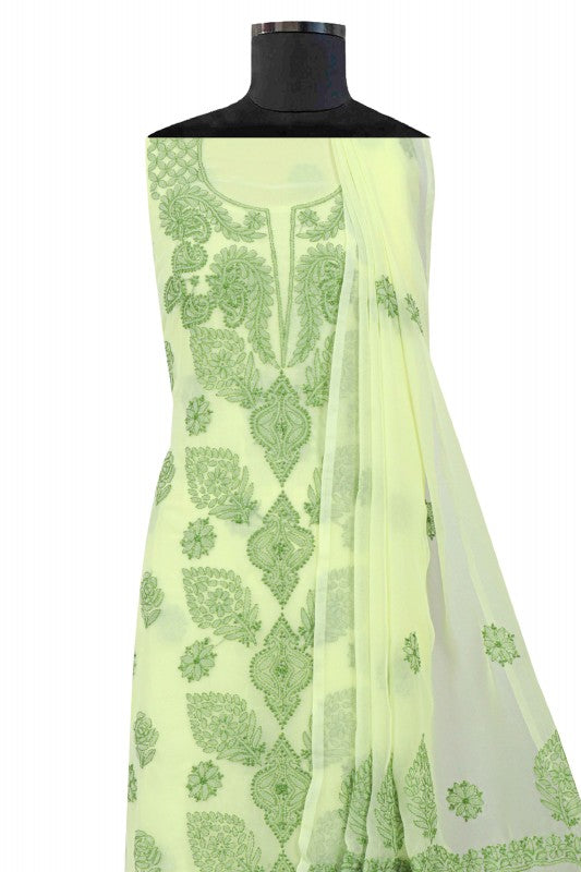 Ada Hand Embroidered Lemon Georgette Lucknowi Chikan Unstitched Suit Piece A211222