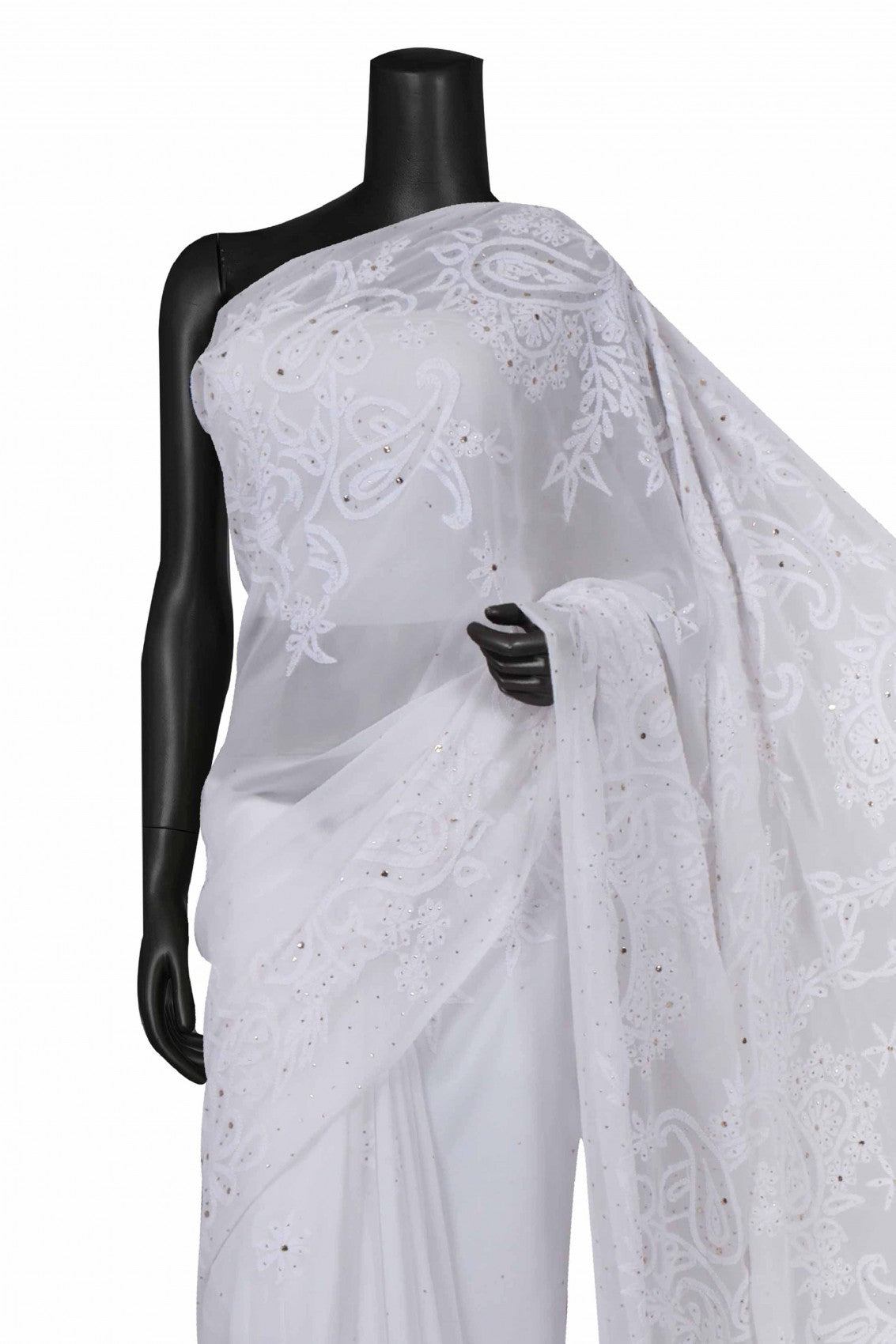 Ada Hand Embroidered White Georgette Lucknowi Chikankari Saree/Blouse With Muqaish Work 01A179414