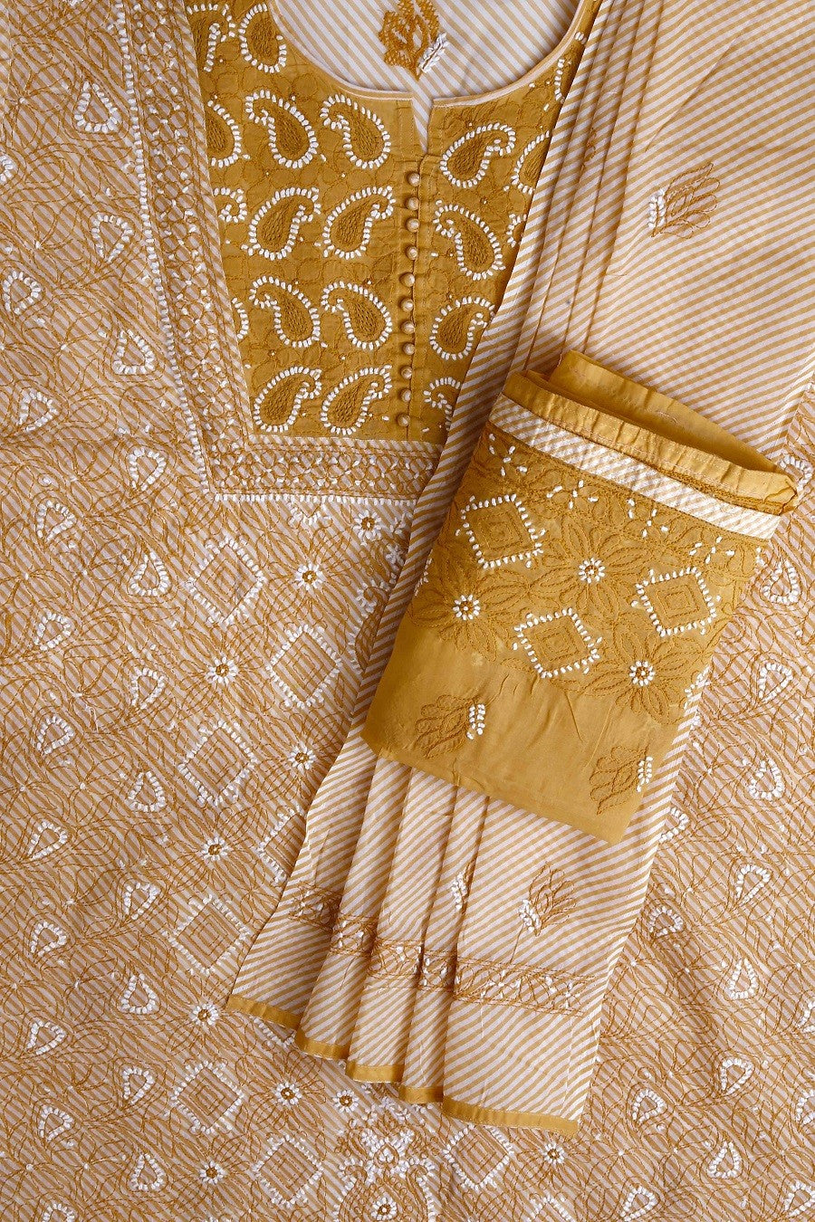 Ada Hand Embroidered Fawn Cotton Lucknowi Chikan Unstitched Suit Piece–A619232