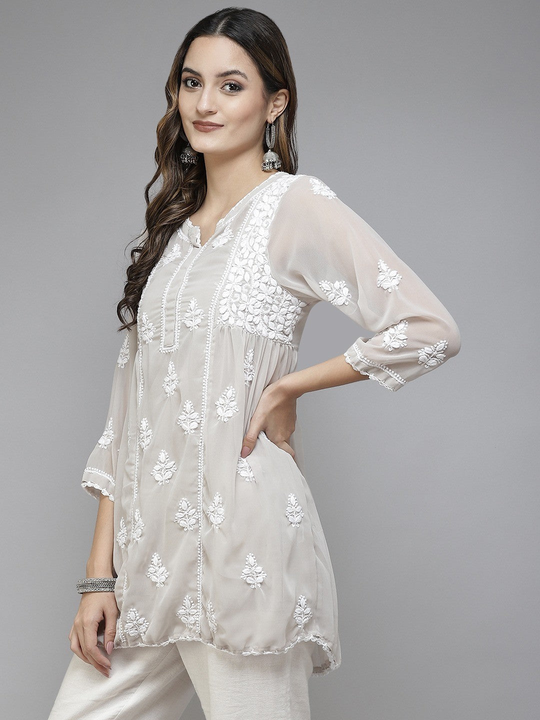 Ada Hand Embroidered Light Grey Georgette Lucknowi Chikankari Flared Kurti With Slip A911256