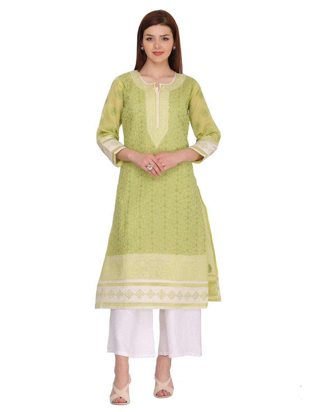 Ada Hand Embroidered Green Cotton Lucknow Chikan Straight Kurta- A282739