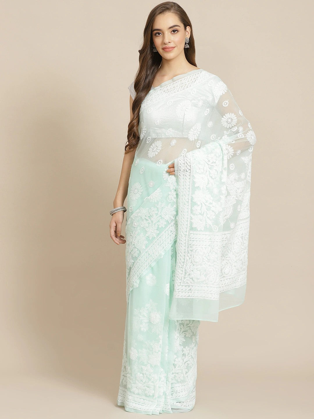 Ada Hand Embroidered Sea Green Georgette Lucknow Chikan Saree with Blouse A311275