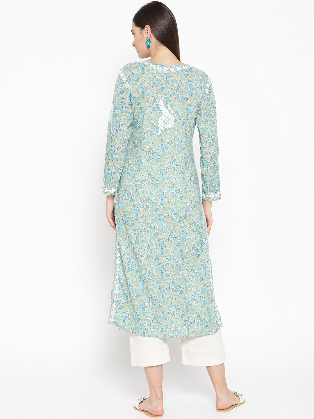 Ada Hand Embroidered Fawn Blue Cotton Lucknow Chikankari Straight Kurta- A100038