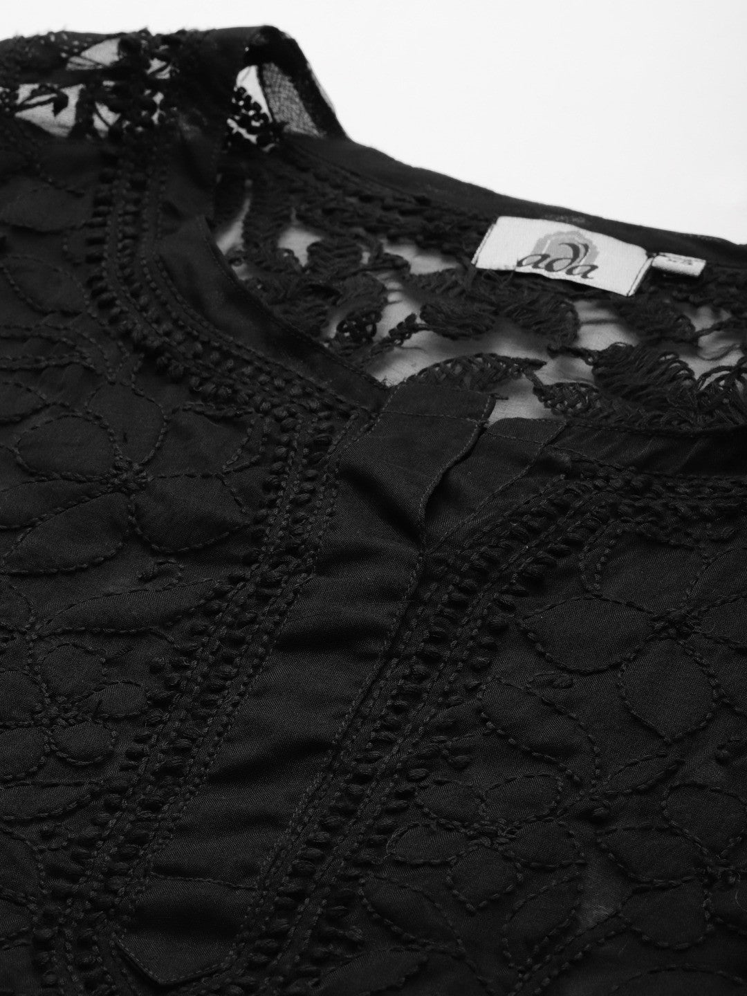 Ada Hand Embroidered Black Organza Lucknowi Chikankari Straight Kurta With Slip A411236
