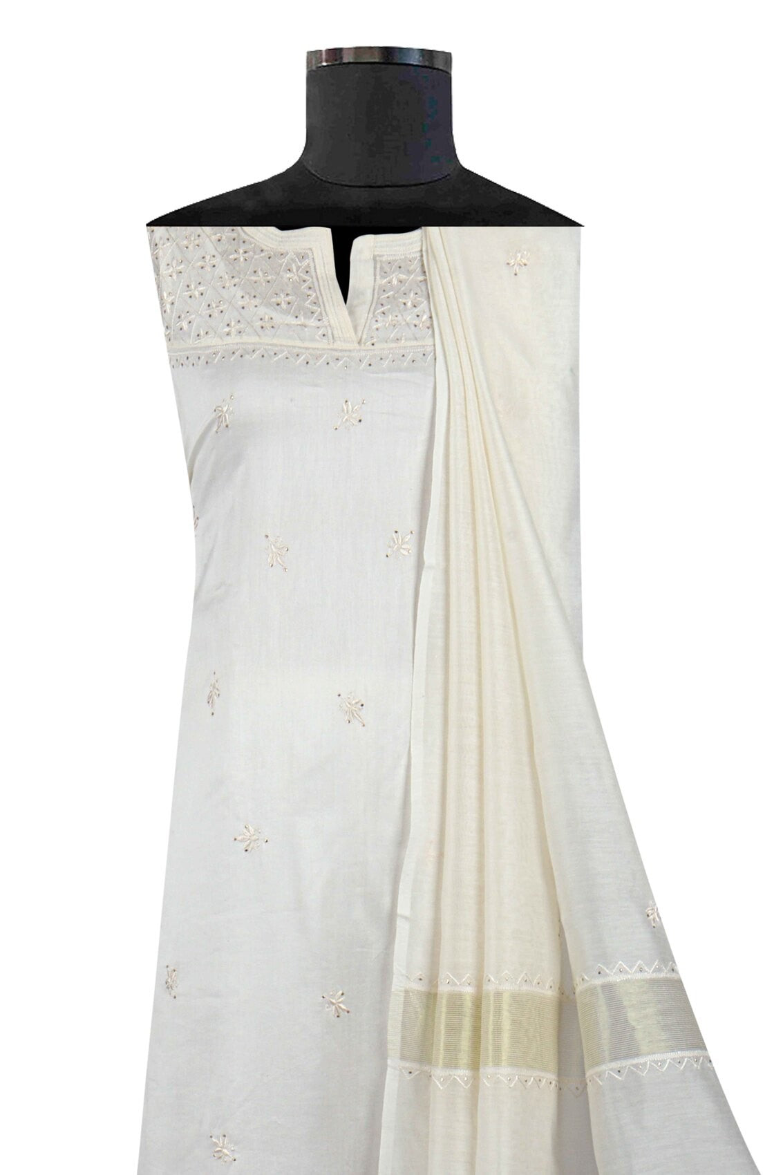 Ada Hand Embroidered White Chanderi Lucknowi Chikankari Unstitched Kurta Dupatta Set With Muqaish Work A595356
