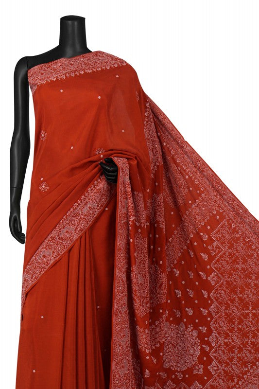Ada Hand Embroidered Rust Silk Lucknowi Chikankari Saree/Blouse With Cutdana Work A173769
