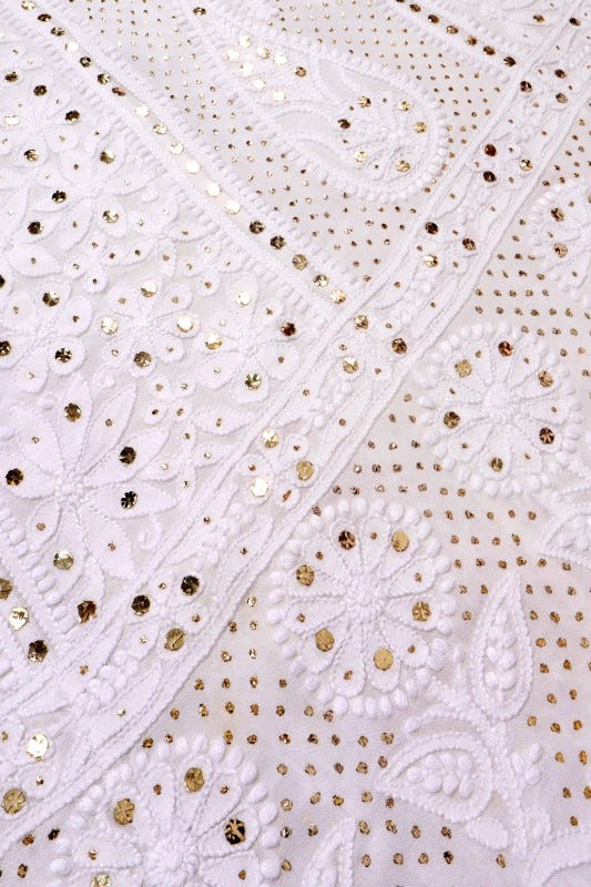 Ada Hand Embroidered White Georgette Lucknowi Chikankari Semi-Stitched Anarkali Kurta Dupatta Set With Muqaish Work 01A137140