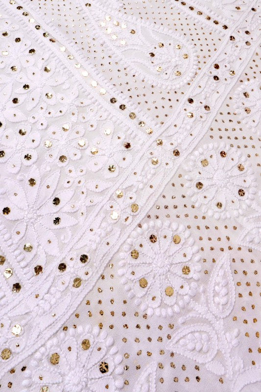 Ada Hand Embroidered White Georgette Lucknowi Chikankari Semi-Stitched Anarkali Kurta Dupatta Set With Muqaish Work 01A137140