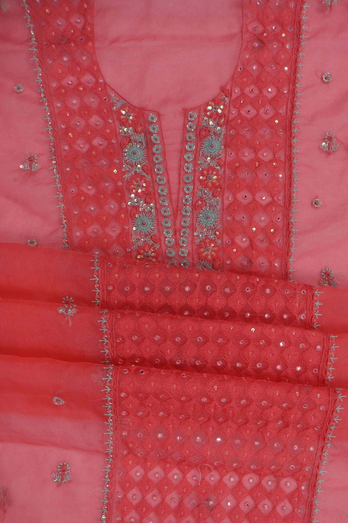Ada Hand Embroidered Carrot Pink Organza Lucknowi Chikankari Unstitched Kurta Dupatta Set With Cutdana Work 01A121931